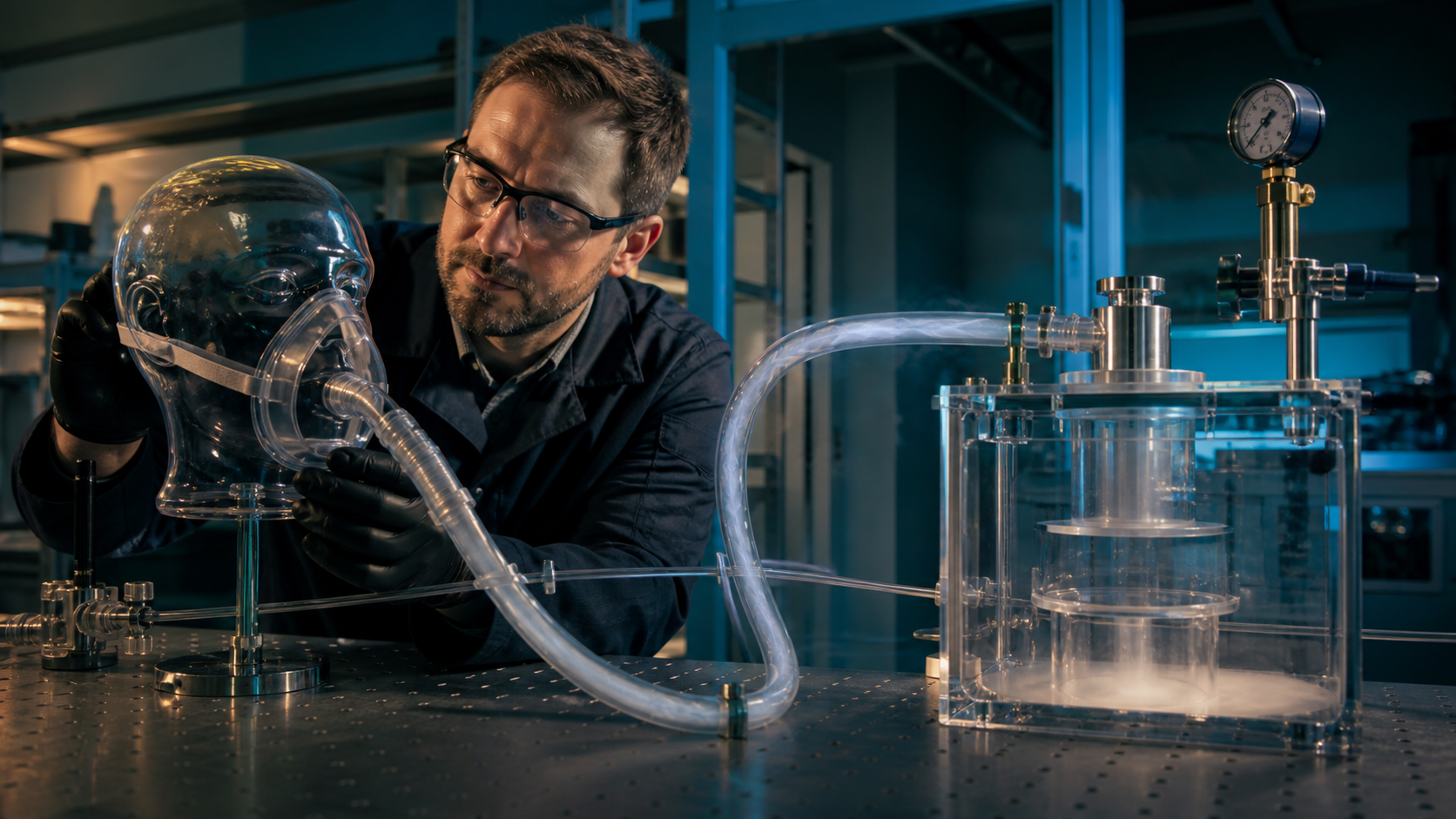 Cinematic 3D laboratory scene demonstrating a sealed mask chamber and negative pressure airflow path