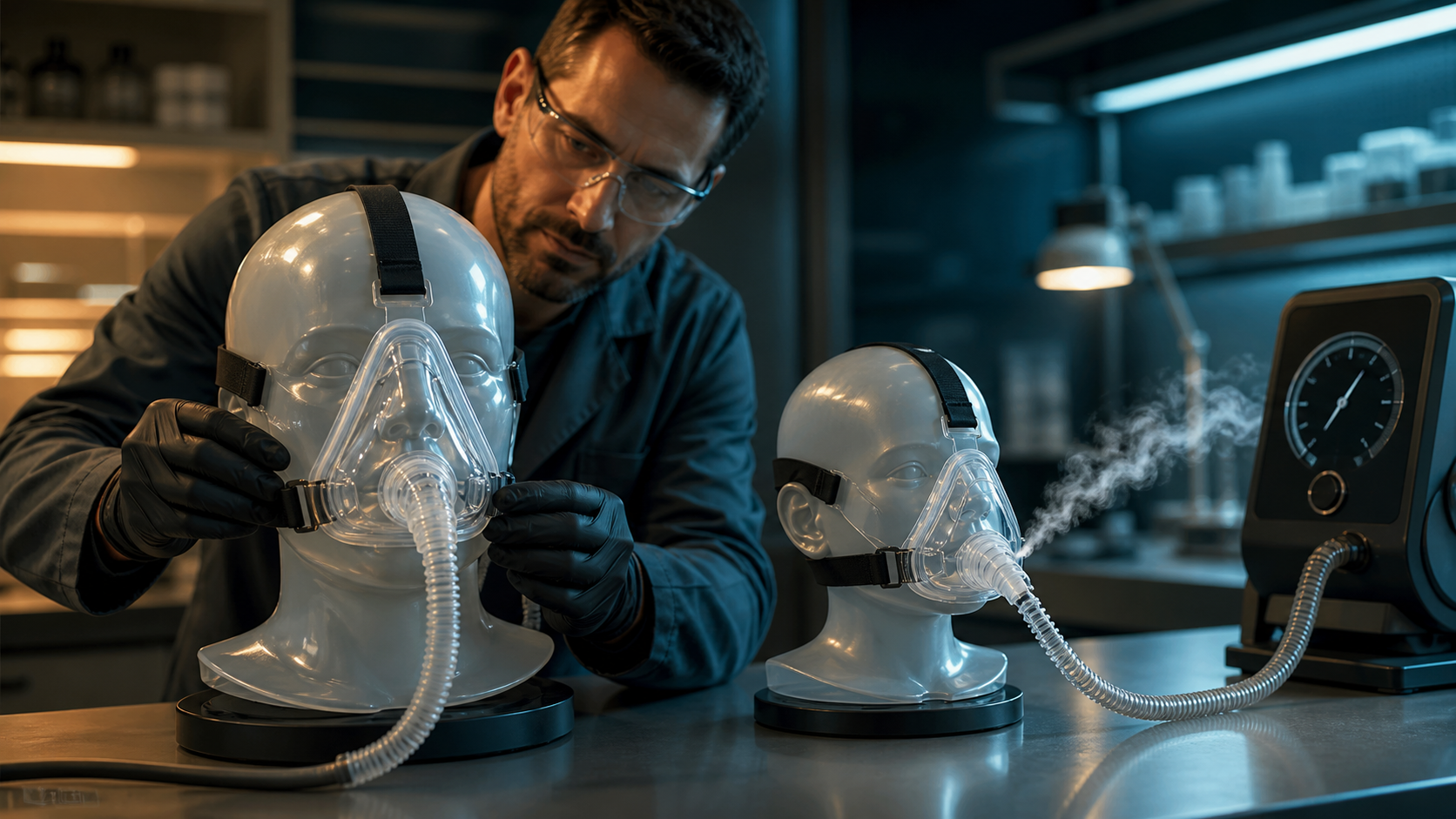 Cinematic 3D mask fit laboratory showing how face contour and edge leakage affect negative pressure