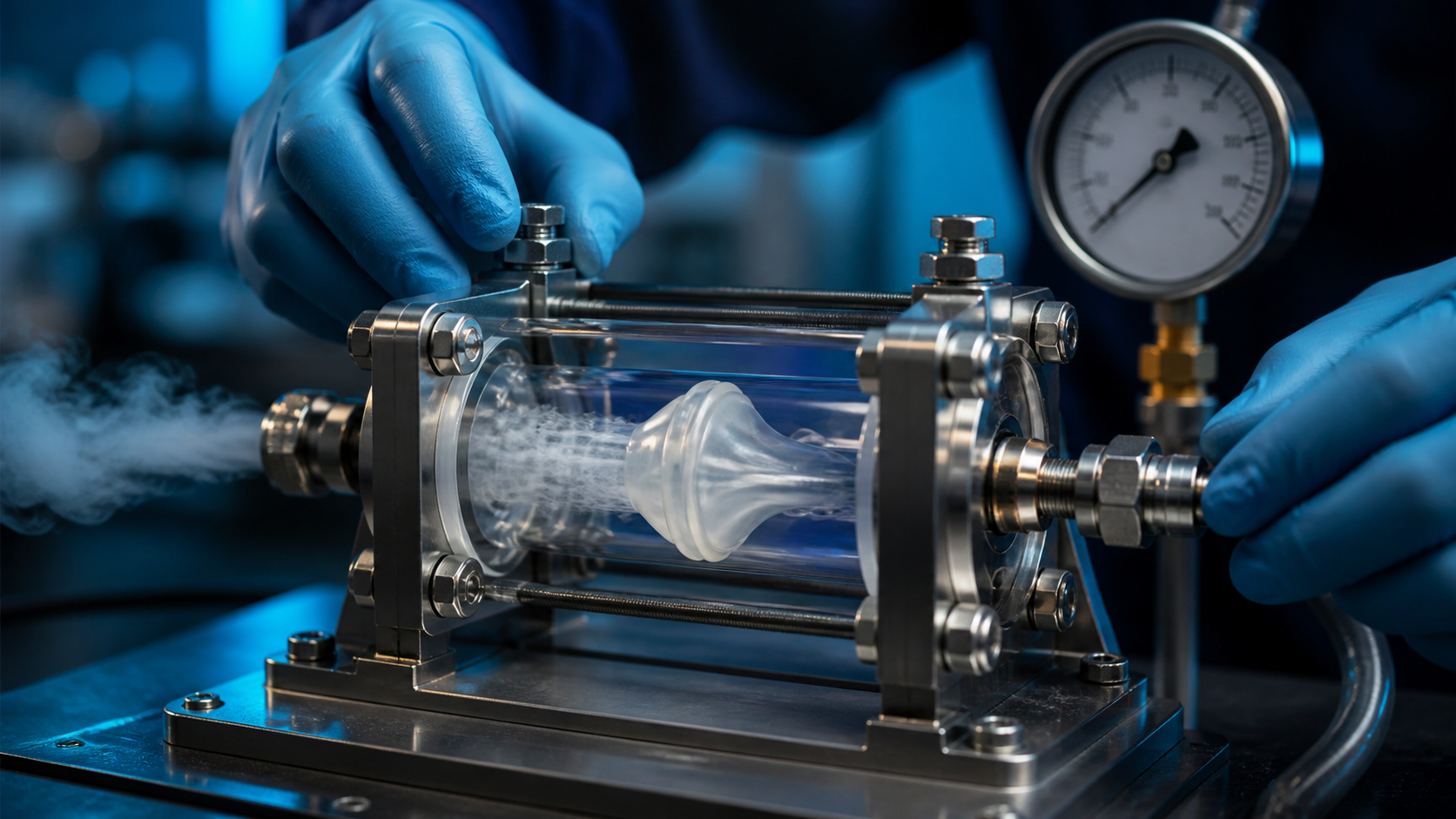 Cinematic 3D one-way valve test showing directional airflow through a transparent medical engineering fixture