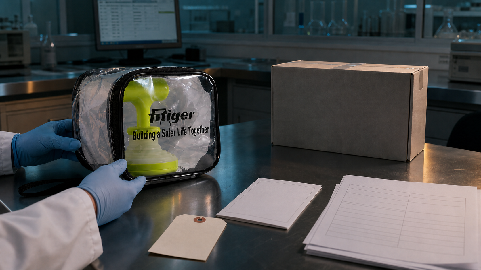 Cinematic 3D procurement lab comparing the real Fitiger FoldPumpVac package with an untraceable generic device record