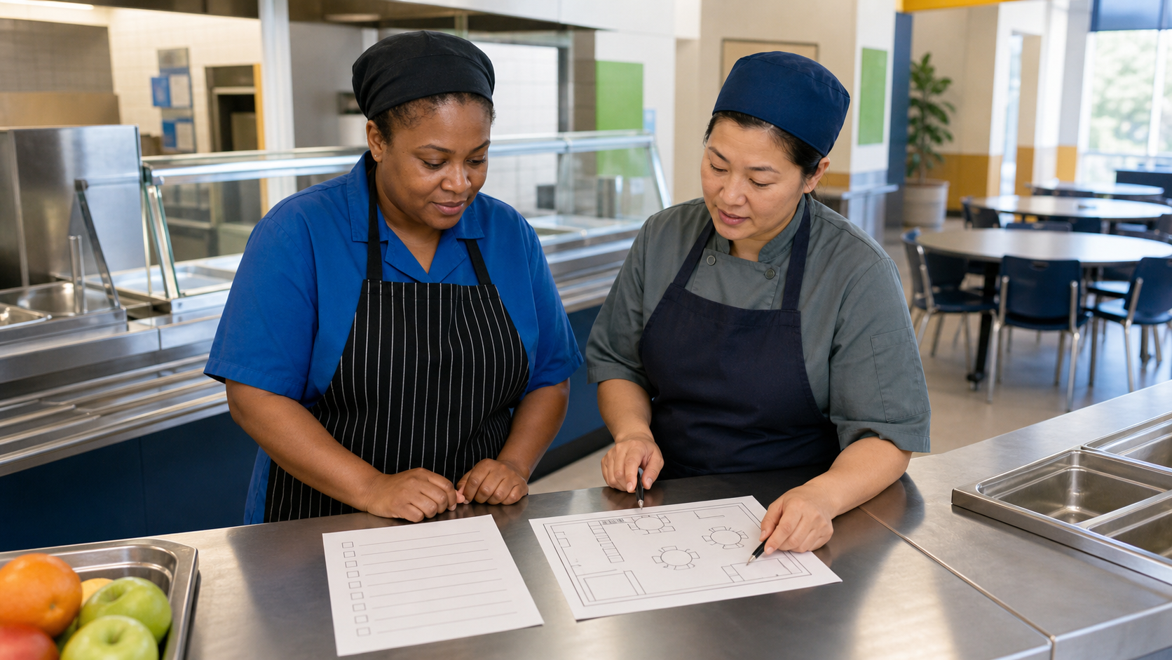 Two cafeteria staff review a blank accommodation checklist and unlabeled table layout at a service counter.