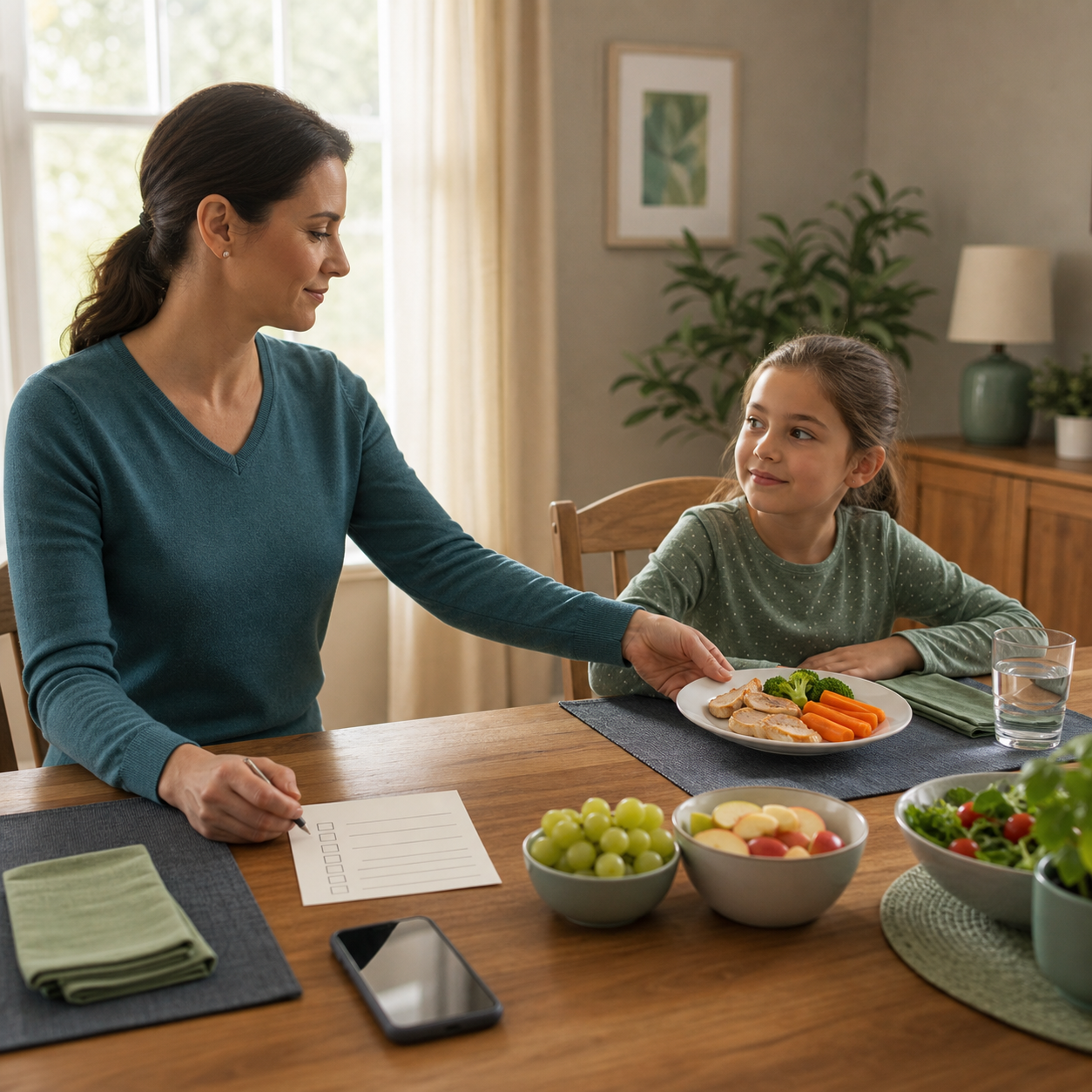 A caregiver and child follow a calm pre-meal safety routine with ordinary food, a nearby phone, and a blank checklist.