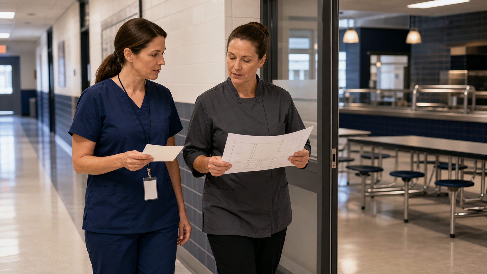 A school nurse coordinator and cafeteria manager review a blank observation card and unlabeled room map beside an empty cafeteria.