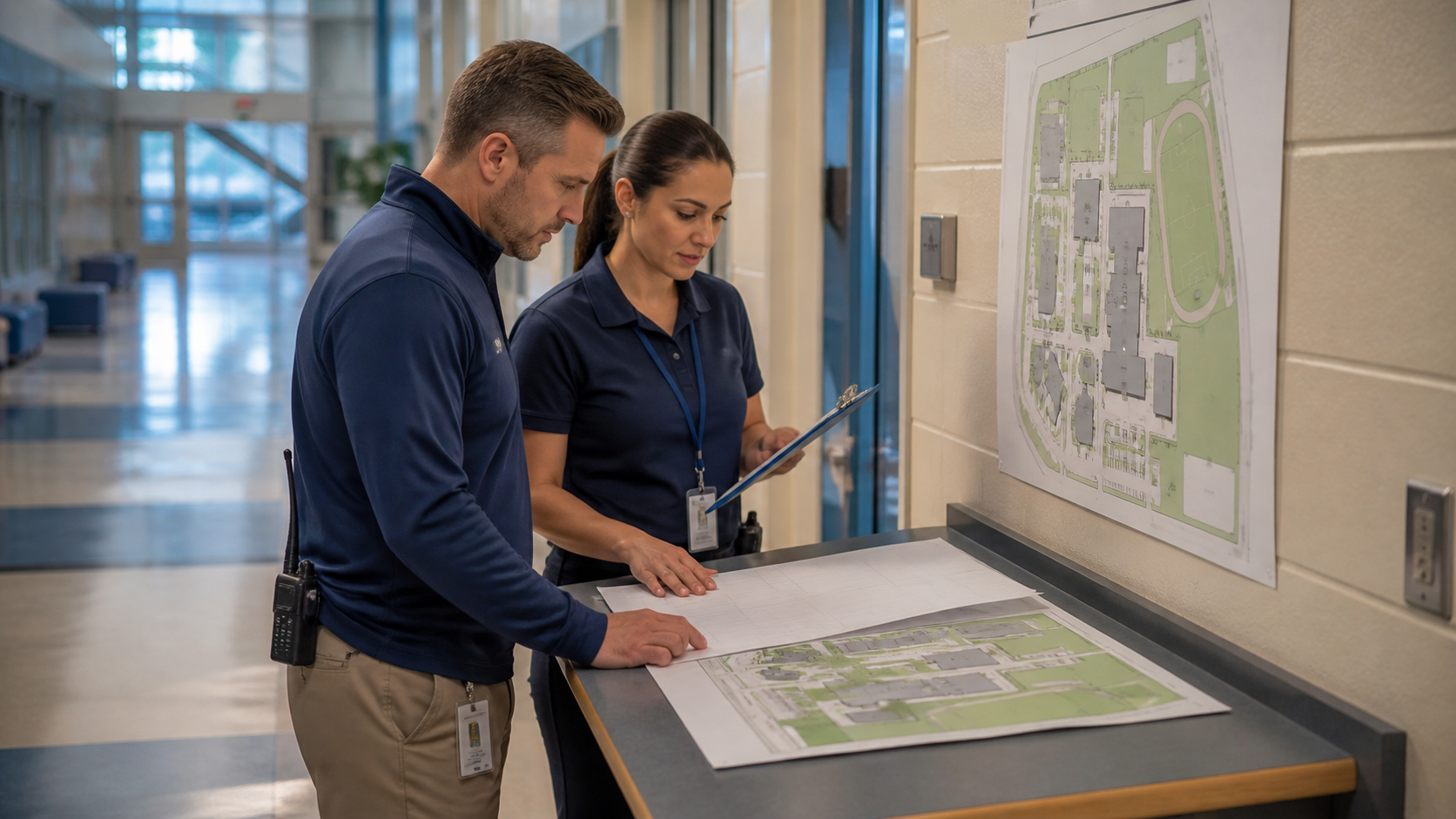 School operations staff review a blank communication flow sheet and unlabeled campus map in a school hallway.