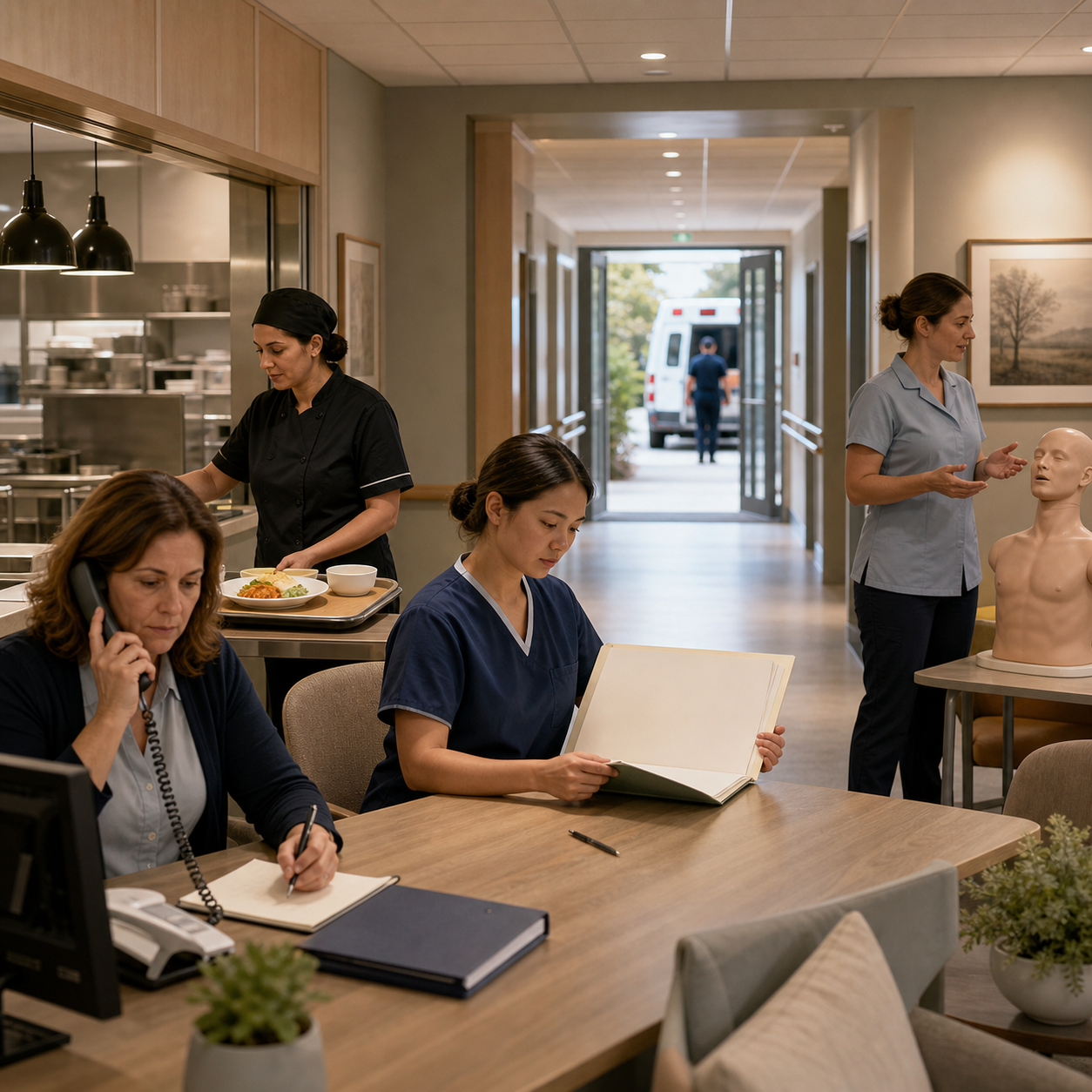 Care management, nursing, kitchen, training, and EMS-access roles form one accountable aged-care safety system