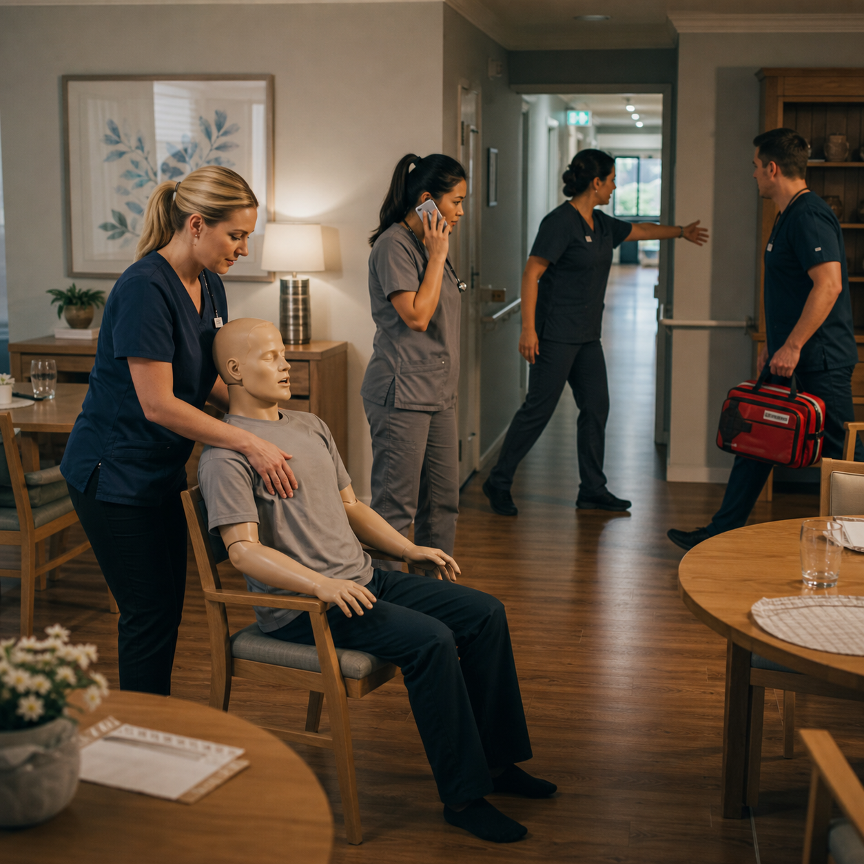 Aged-care staff rehearse first-line positioning, emergency calling, corridor clearance, and equipment retrieval with an artificial mannequin