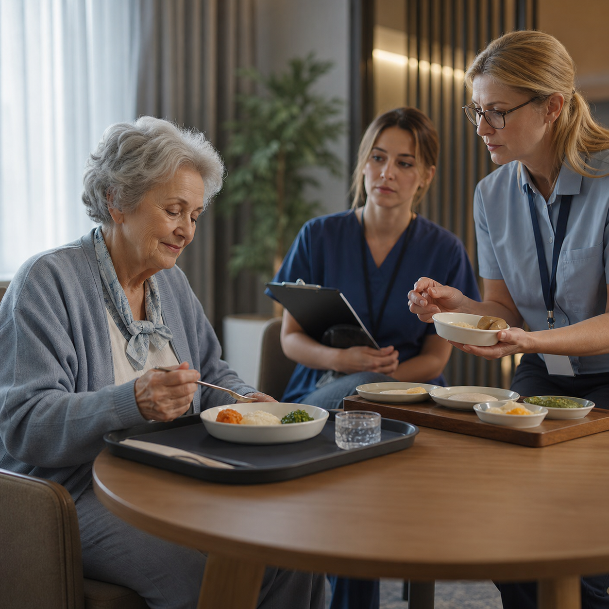 A comfortable older resident eats a supervised texture-modified meal while clinicians observe subtle swallowing cues