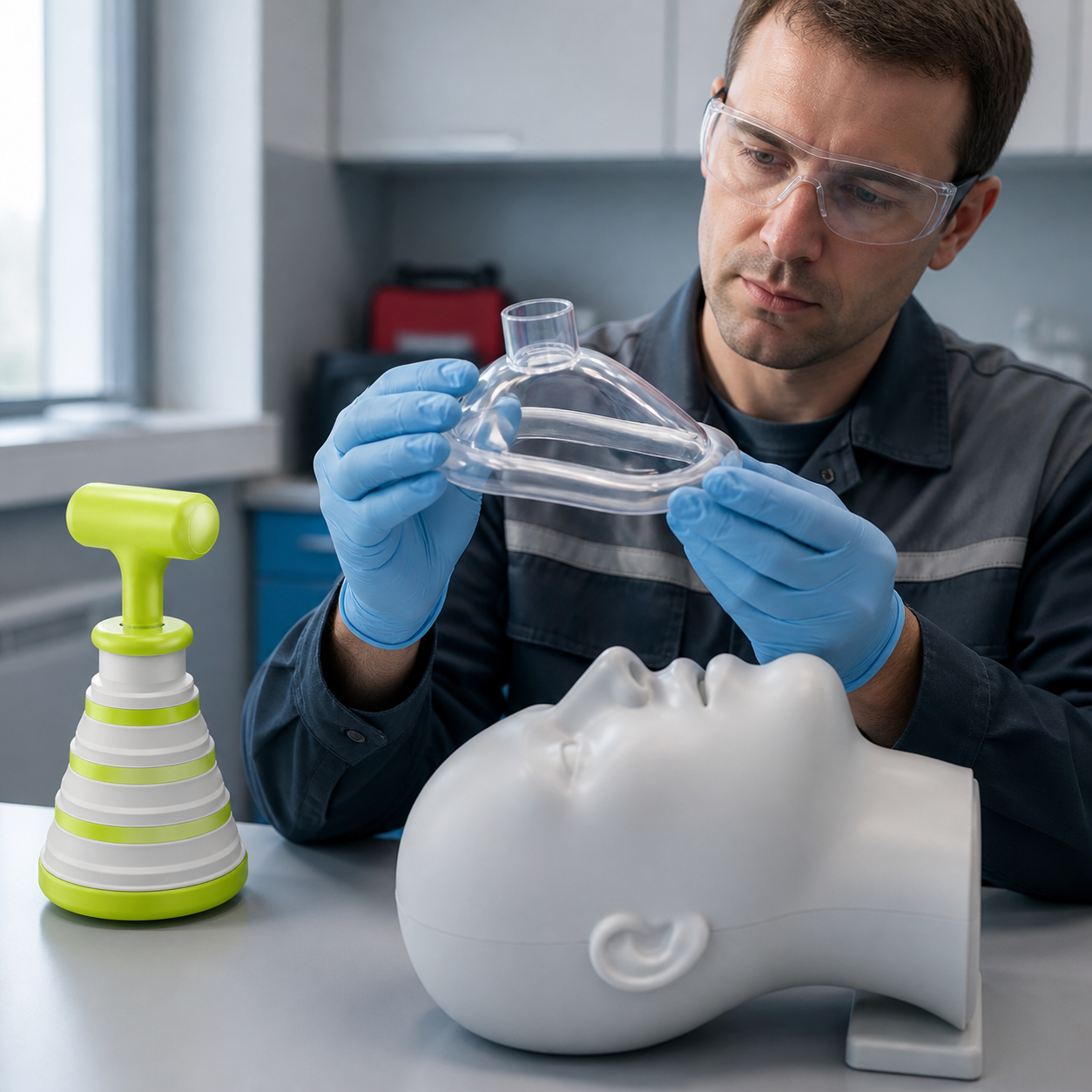 Safety engineer inspects the FoldPumpVac mask rim above an artificial training mannequin while the real device rests separately