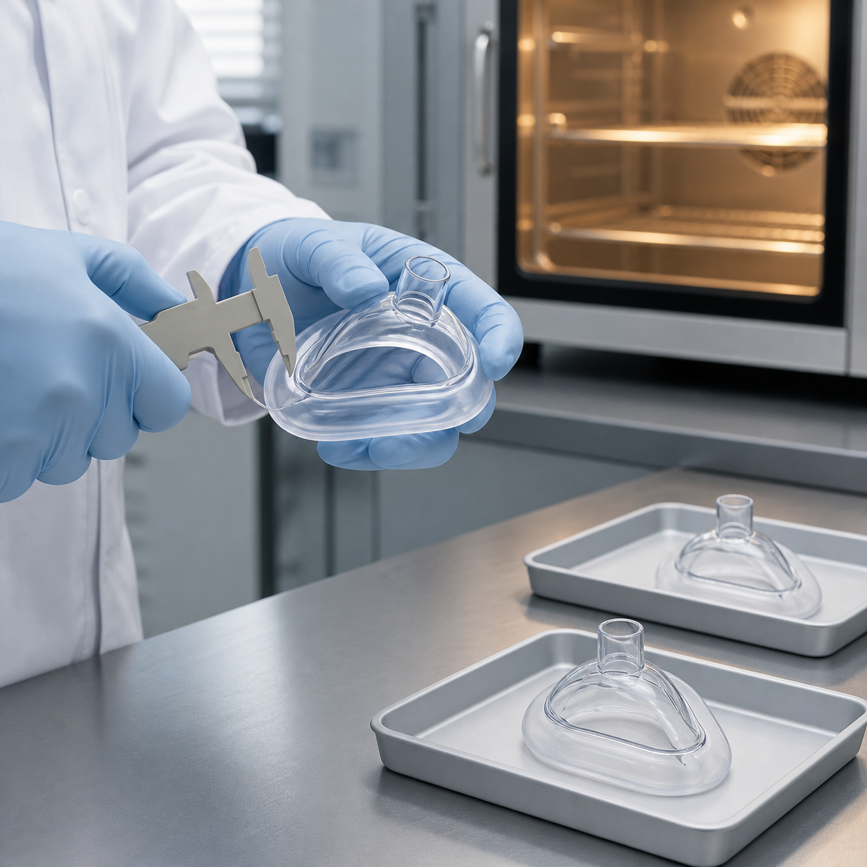 Materials engineer checks the rim dimensions of real FoldPumpVac transparent masks during controlled aging inspection