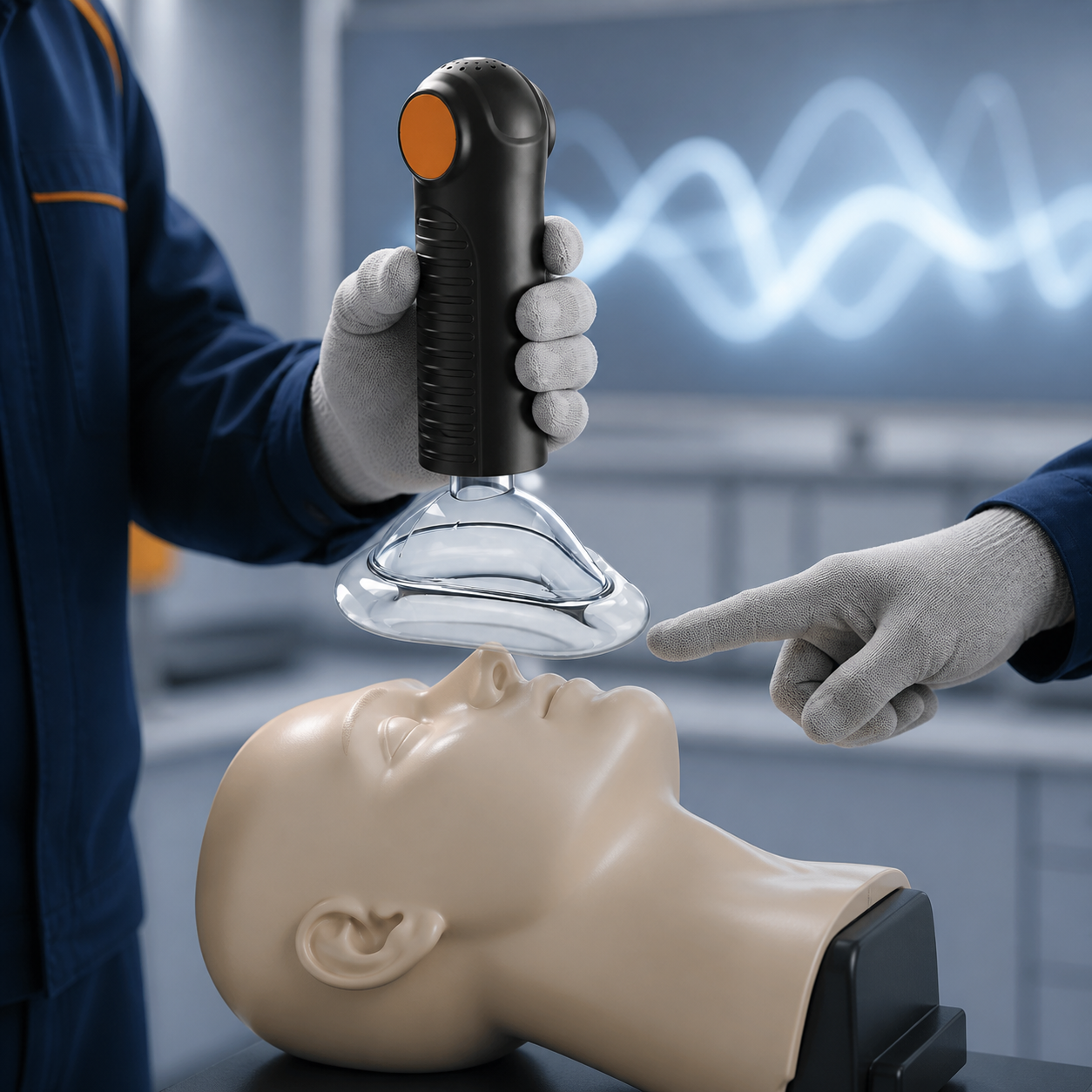 Engineers demonstrate the exact EasyPumpVac and mask pressure interface above an artificial training mannequin