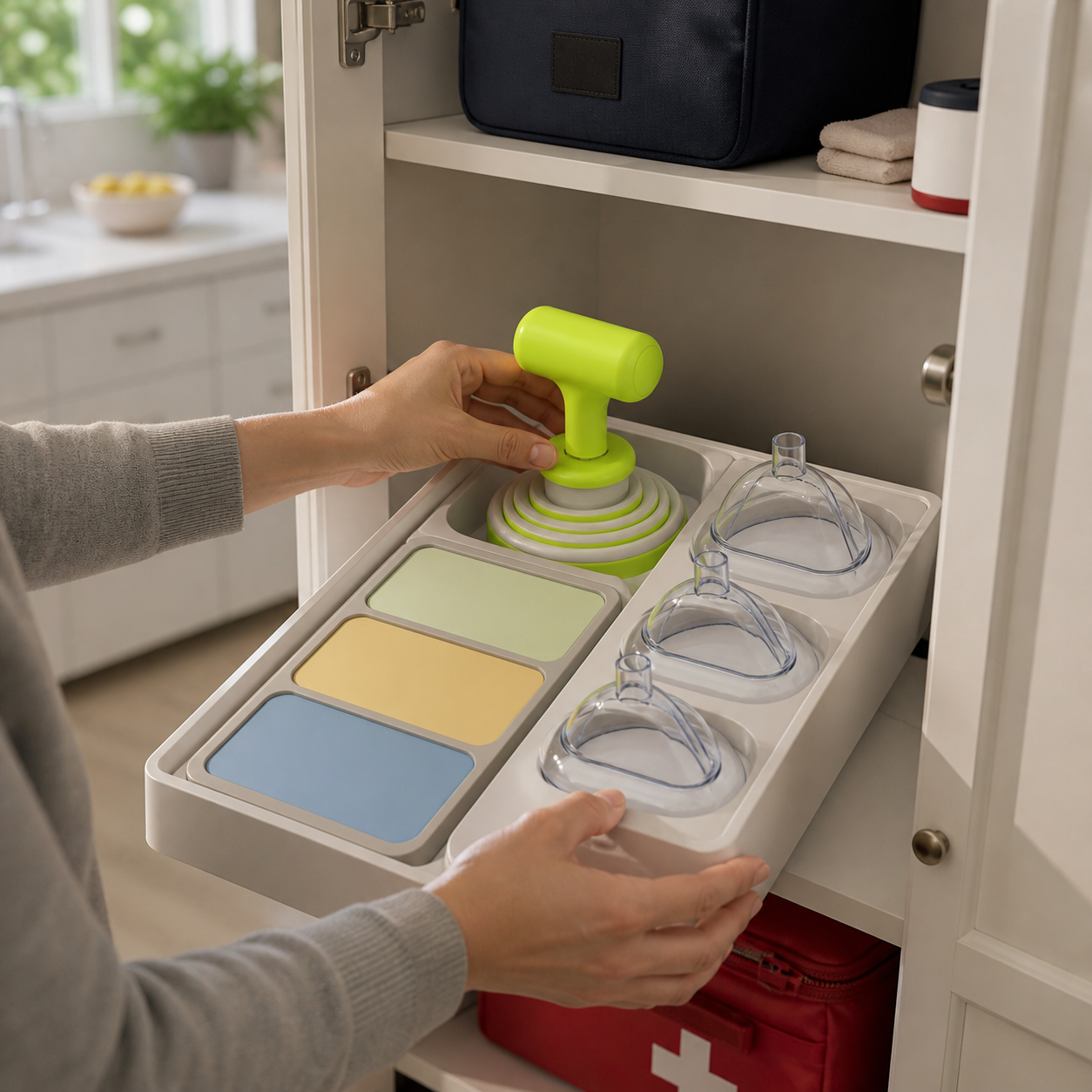 Caregiver organizes the real FoldPumpVac device and three transparent masks in a dry readiness cabinet with blank rotation cards