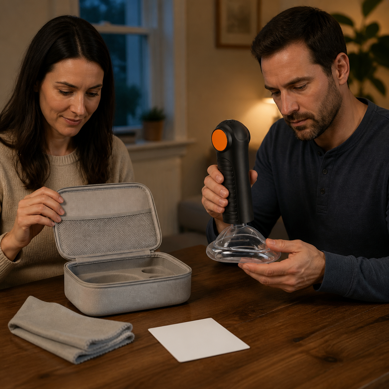 Two adults inspect the exact EasyPumpVac mask rim and clean storage case during a calm home maintenance check