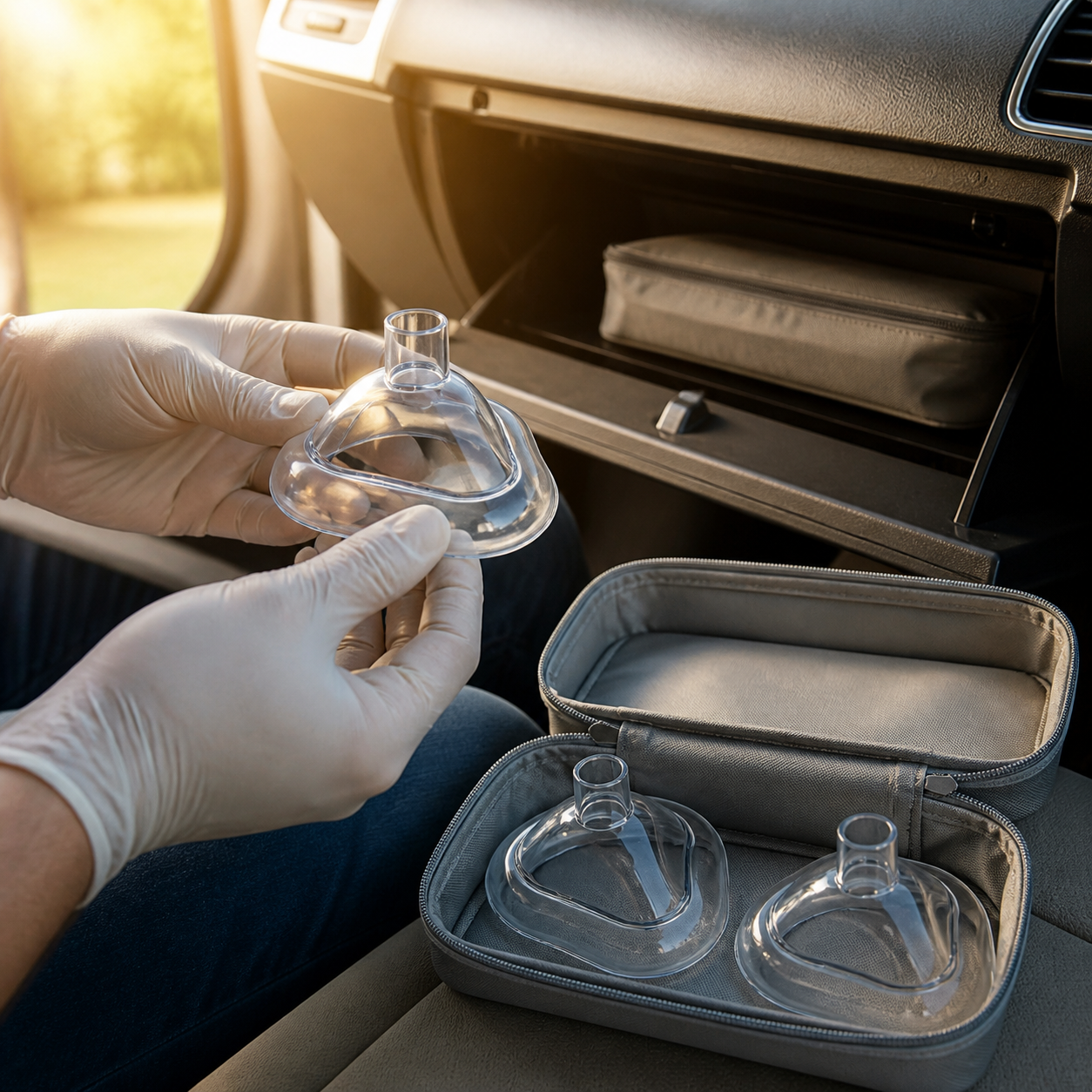 Caregiver removes and inspects real FoldPumpVac transparent masks after warm vehicle storage exposure