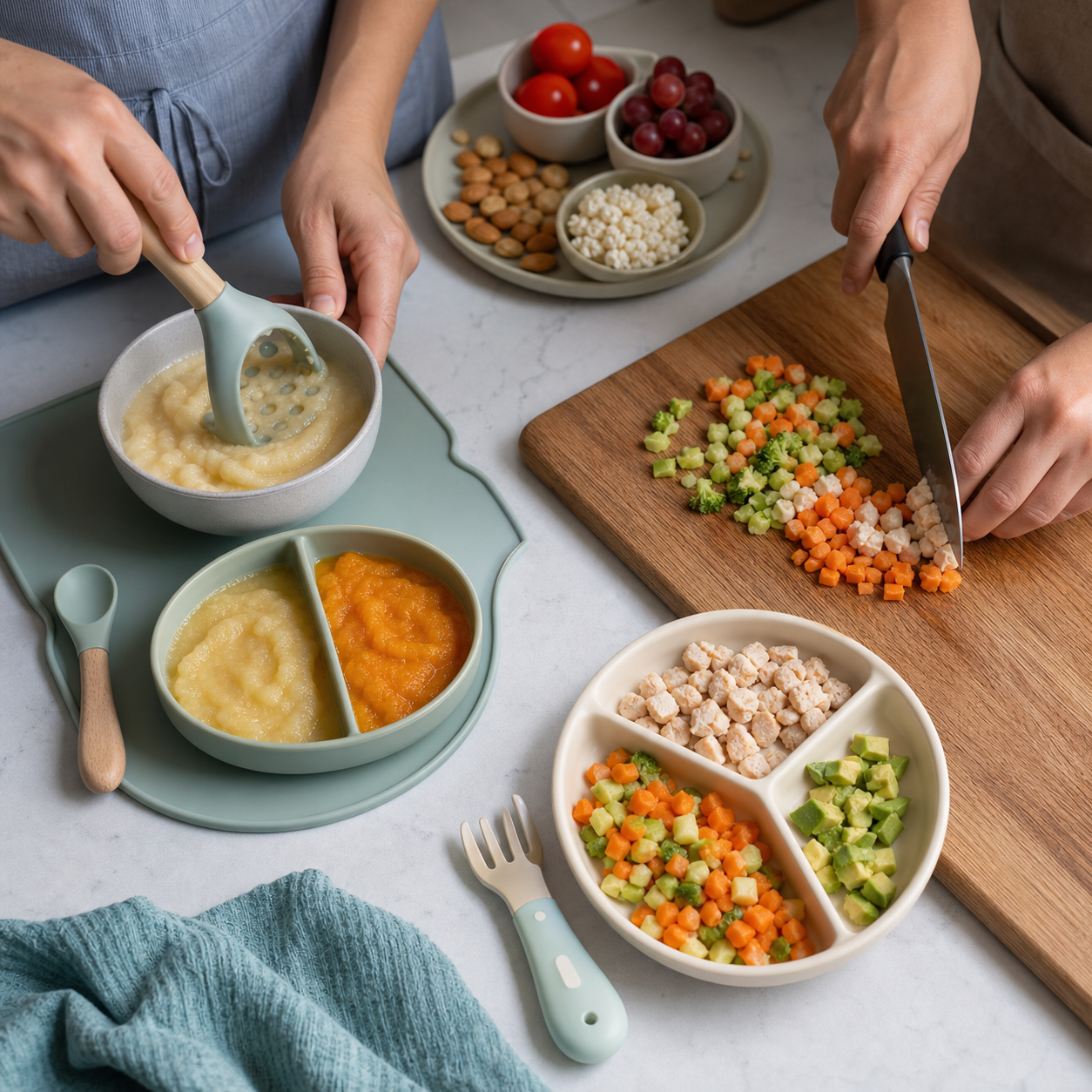 Cinematic 3D caregiver preparing mashed infant food and finely cut soft toddler portions at separate kitchen stations