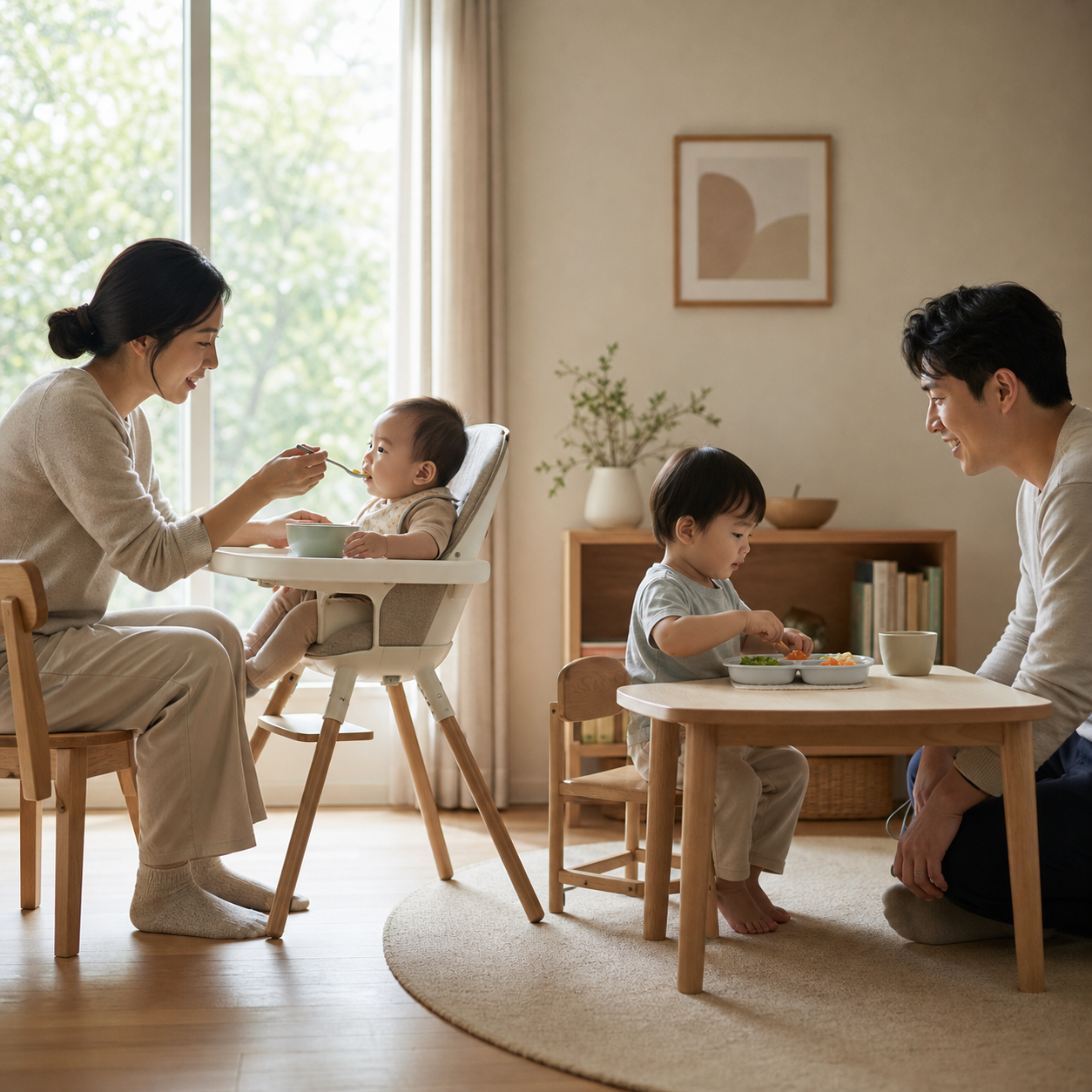 Cinematic 3D calm meal with an infant upright in a high chair and a toddler seated at a separate low table under close supervision