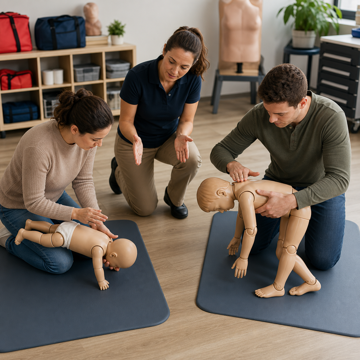 Cinematic 3D training class comparing infant and older-child choking response using clearly artificial mannequins