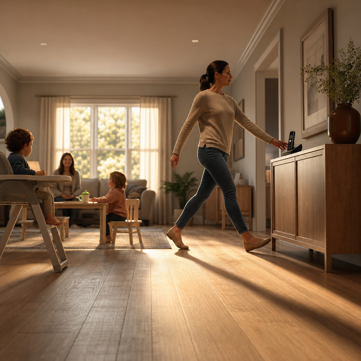 Cinematic 3D caregiver walk-testing a clear route from the high chair to an accessible phone and closed readiness cabinet
