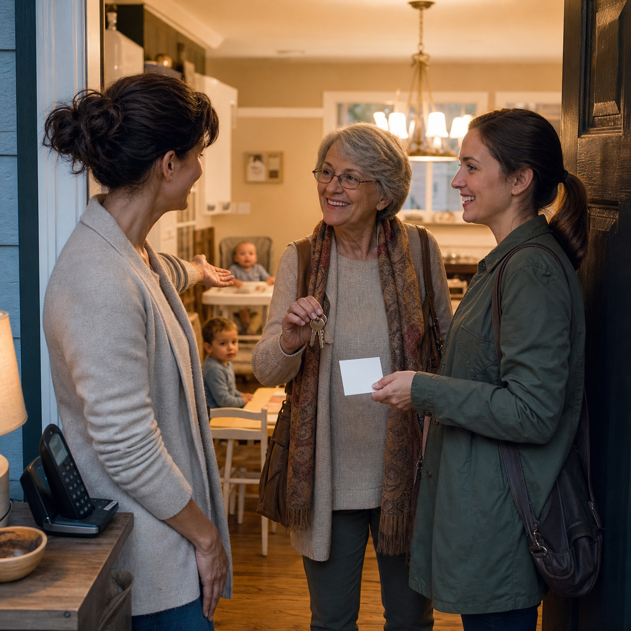 Cinematic 3D doorway handoff with a parent briefing a grandparent and babysitter about the eating zone and phone location