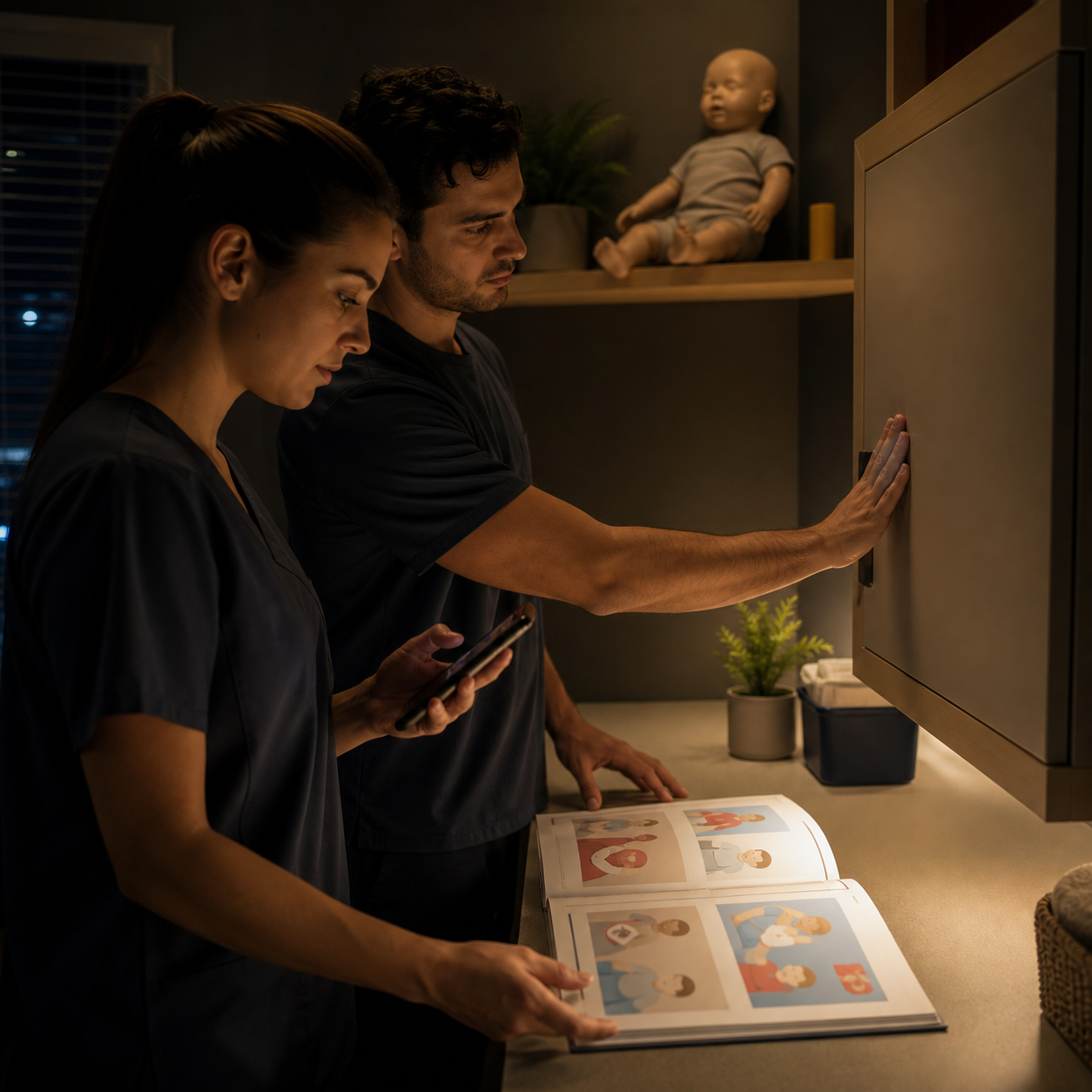 Cinematic 3D caregiver readiness review placing phone and pediatric first-aid training before a closed second-line backup cabinet