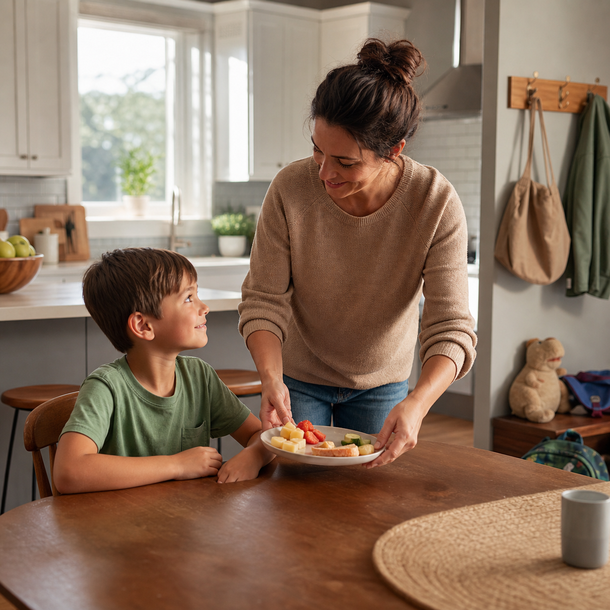 Cinematic 3D caregiver setting a calm seated snack rule while a school-age child waits at the kitchen table