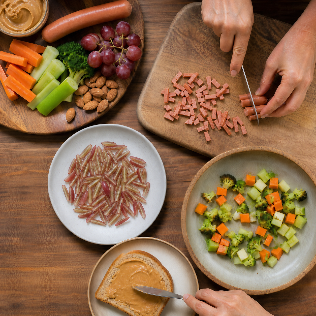 Cinematic 3D overhead kitchen preparation comparing safer child portions of grapes, hot dog, vegetables, and firm snacks