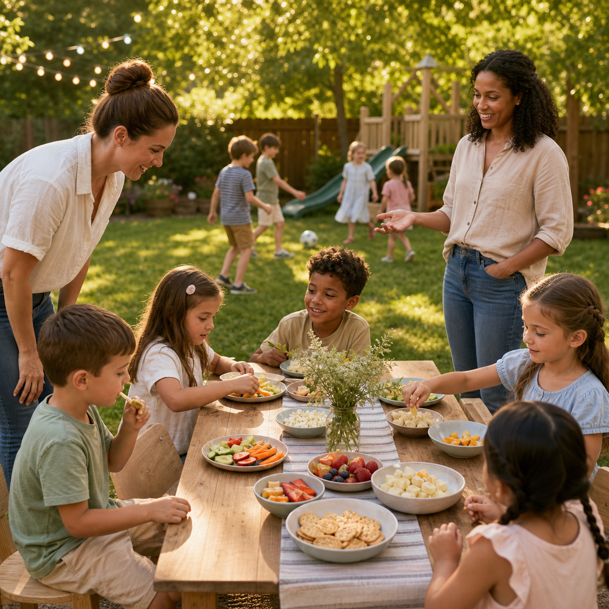 Cinematic 3D backyard party with a supervised seated child snack zone separated from active play