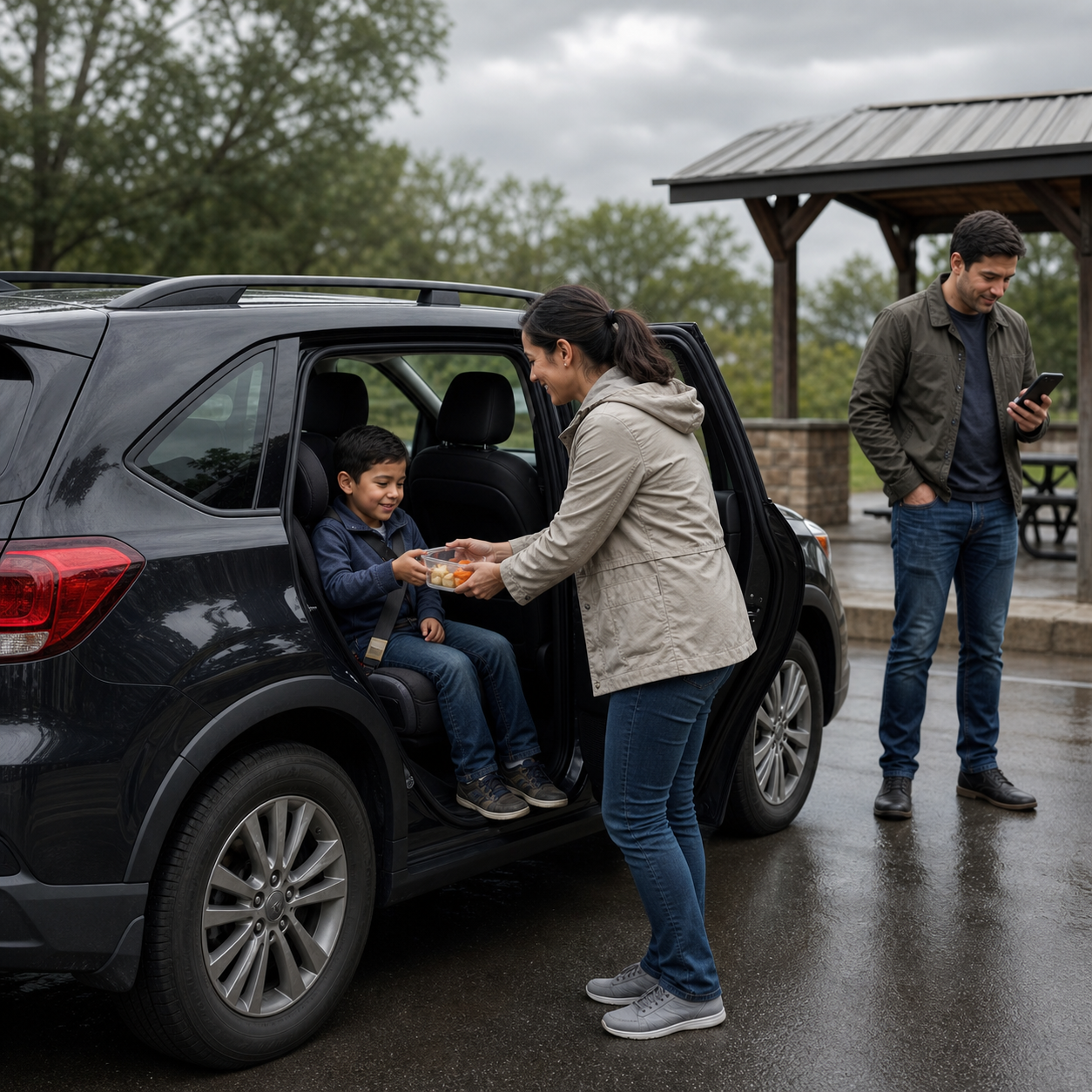 Cinematic 3D family safely parked at a rest stop before a supervised child snack break