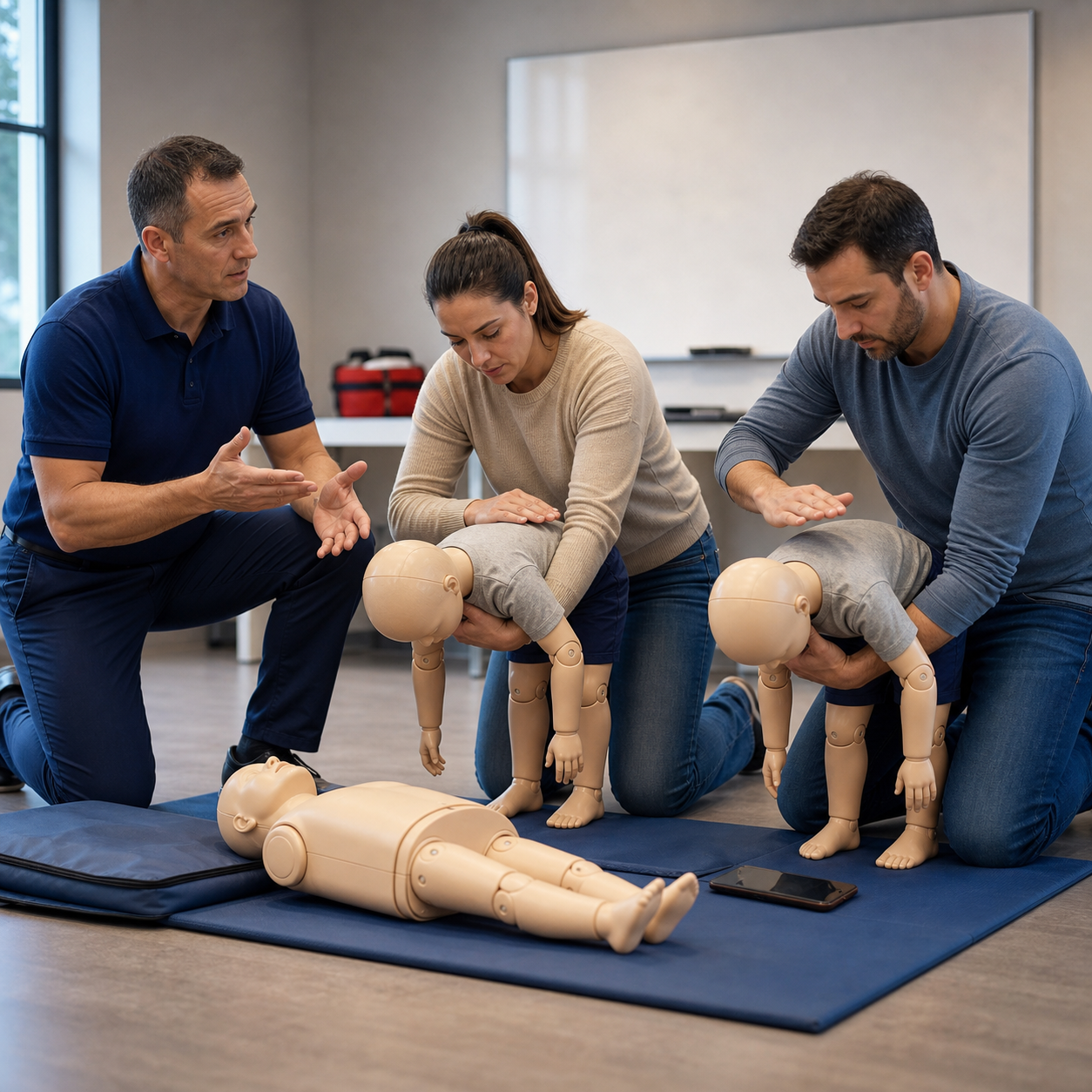 Cinematic 3D pediatric first-aid class using a clearly artificial child mannequin for supervised choking-response practice
