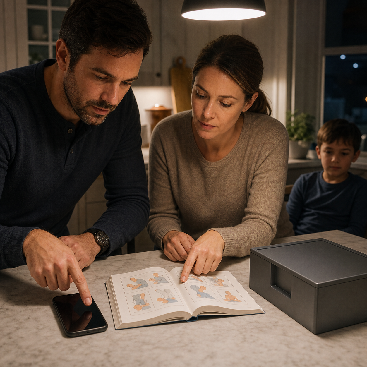 Cinematic 3D household review emphasizing phone access, first-aid training, and manual rescue before any second-line backup