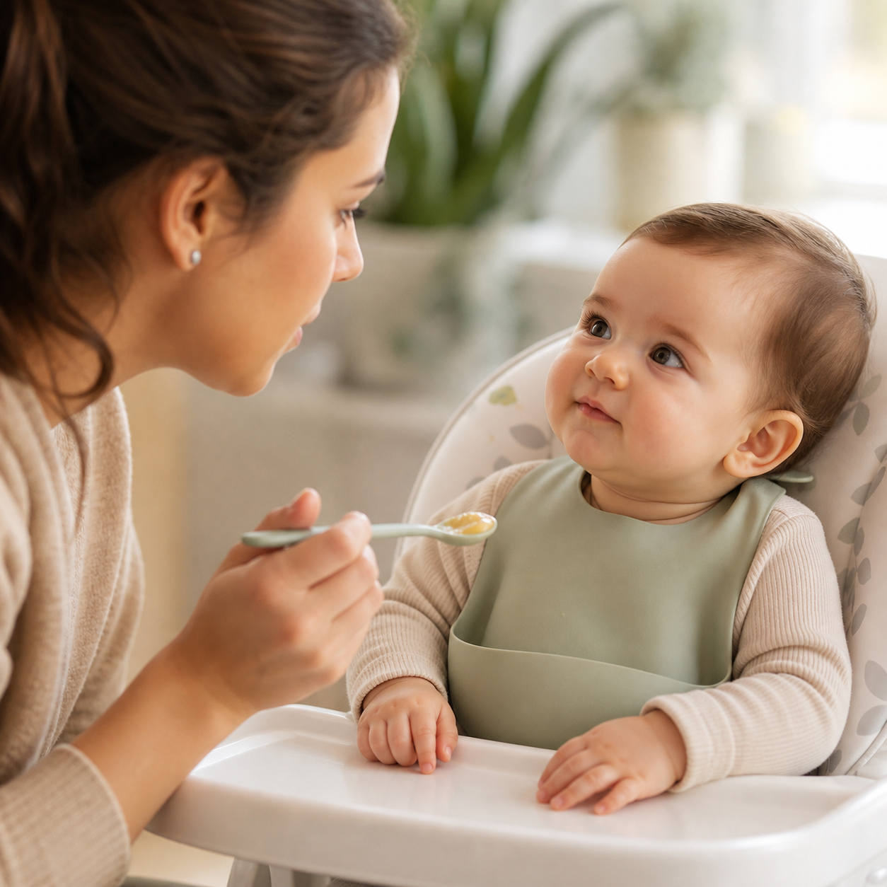 Cinematic 3D close-up of an attentive parent watching an upright infant's breathing, expression, and feeding cues during a calm meal