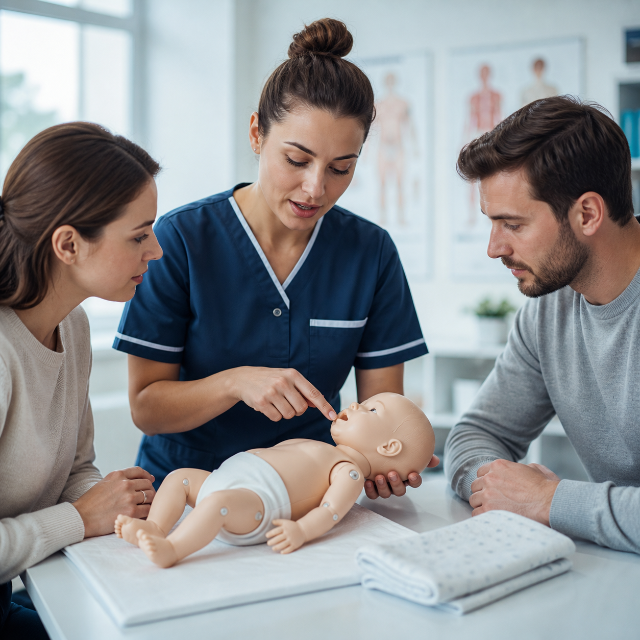 Cinematic 3D pediatric clinician demonstrating feeding and breathing cues to parents with a clearly artificial infant training doll