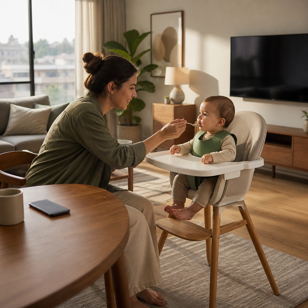Cinematic 3D wide view of a calm upright high-chair routine with one supervising adult and distractions set aside