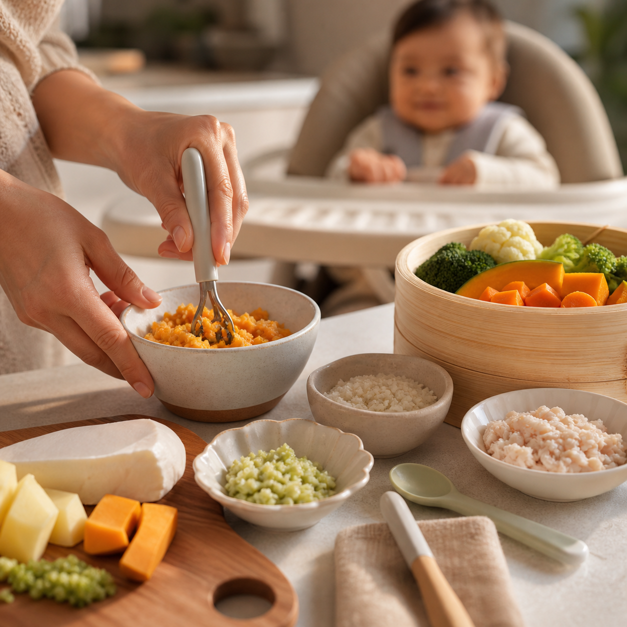 Cinematic 3D macro scene of a caregiver preparing small soft infant food portions with varied safe textures
