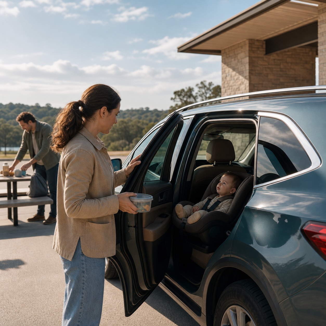Cinematic 3D travel safety scene with a parent parked safely and moving feeding away from the infant car seat