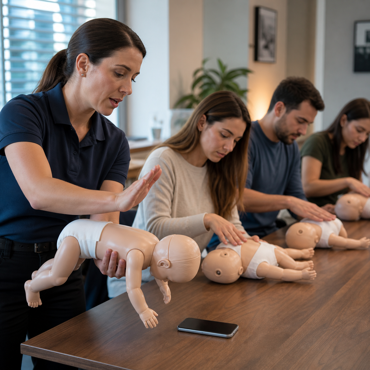 Cinematic 3D infant first-aid class showing back-blow and chest-thrust positioning on a clearly artificial training mannequin