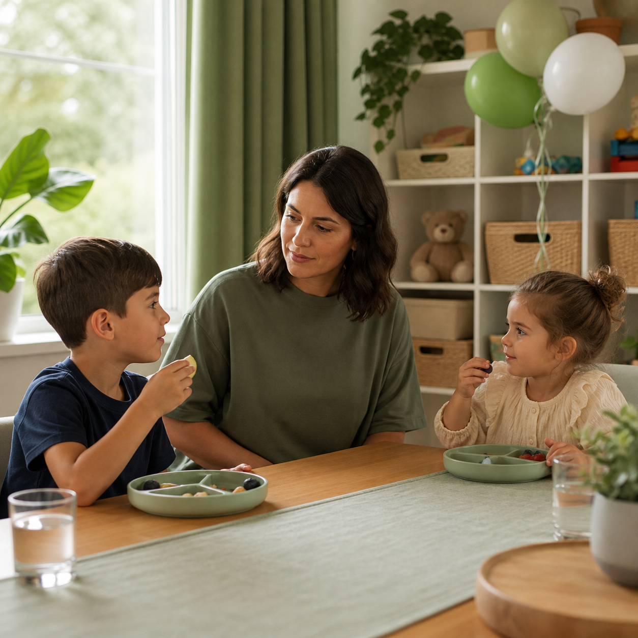 Cinematic 3D seated snack routine showing calm supervision, careful chewing, and a toy-free eating zone