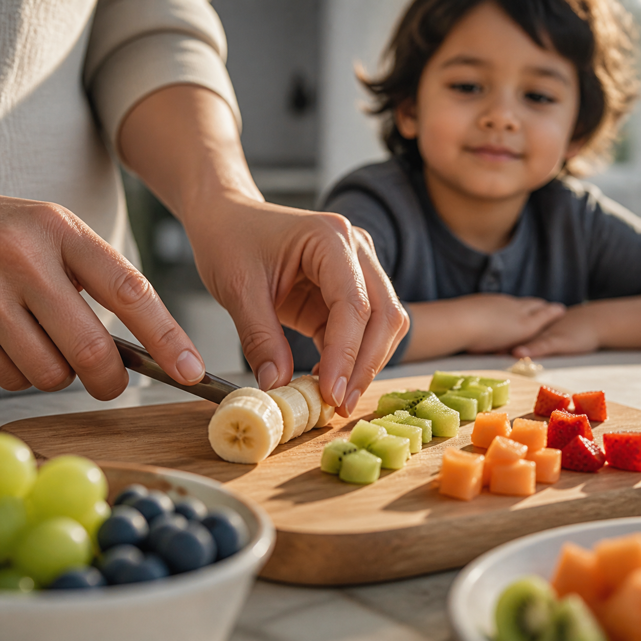 Cinematic 3D close-up of a caregiver preparing age-appropriate snack portions while children wait safely at the table