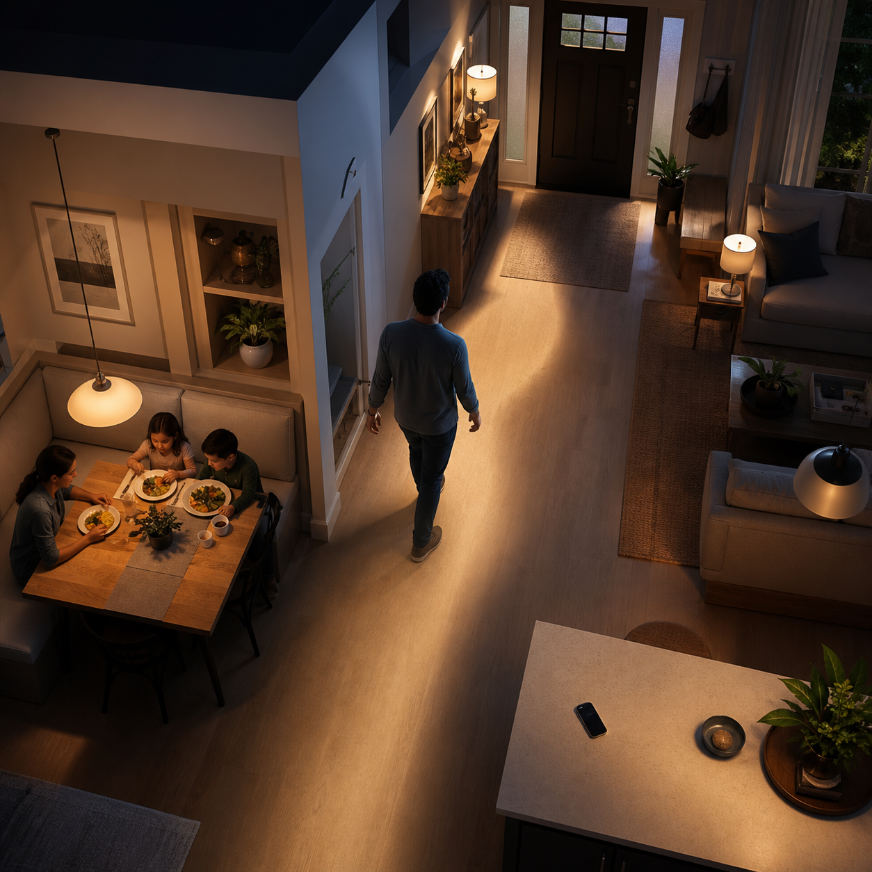 Cinematic 3D overhead home walk-test scene tracing a clear route from the family eating area to a reachable phone and front door
