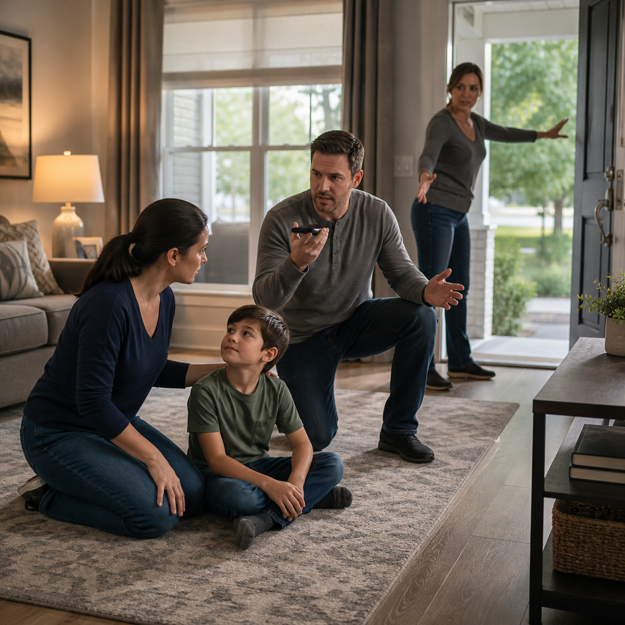Cinematic 3D family preparedness drill with one adult staying with a child, one using a phone, and one clearing the entry path