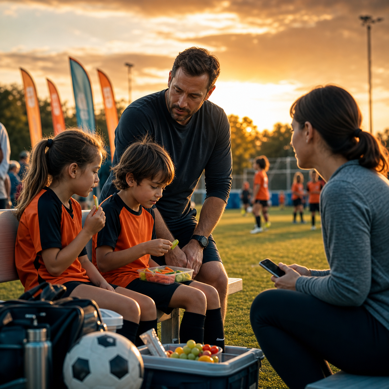 Cinematic 3D sports-day preparation scene with a supervising adult, seated children, safe snacks, and an accessible phone