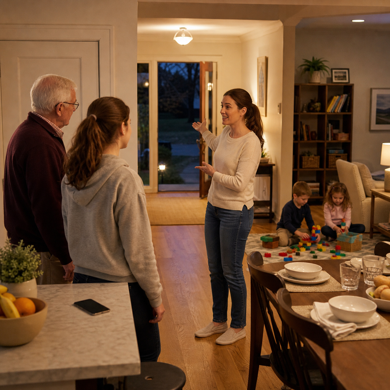 Cinematic 3D caregiver handoff scene as a parent guides a grandparent and babysitter through phone access and family eating zones