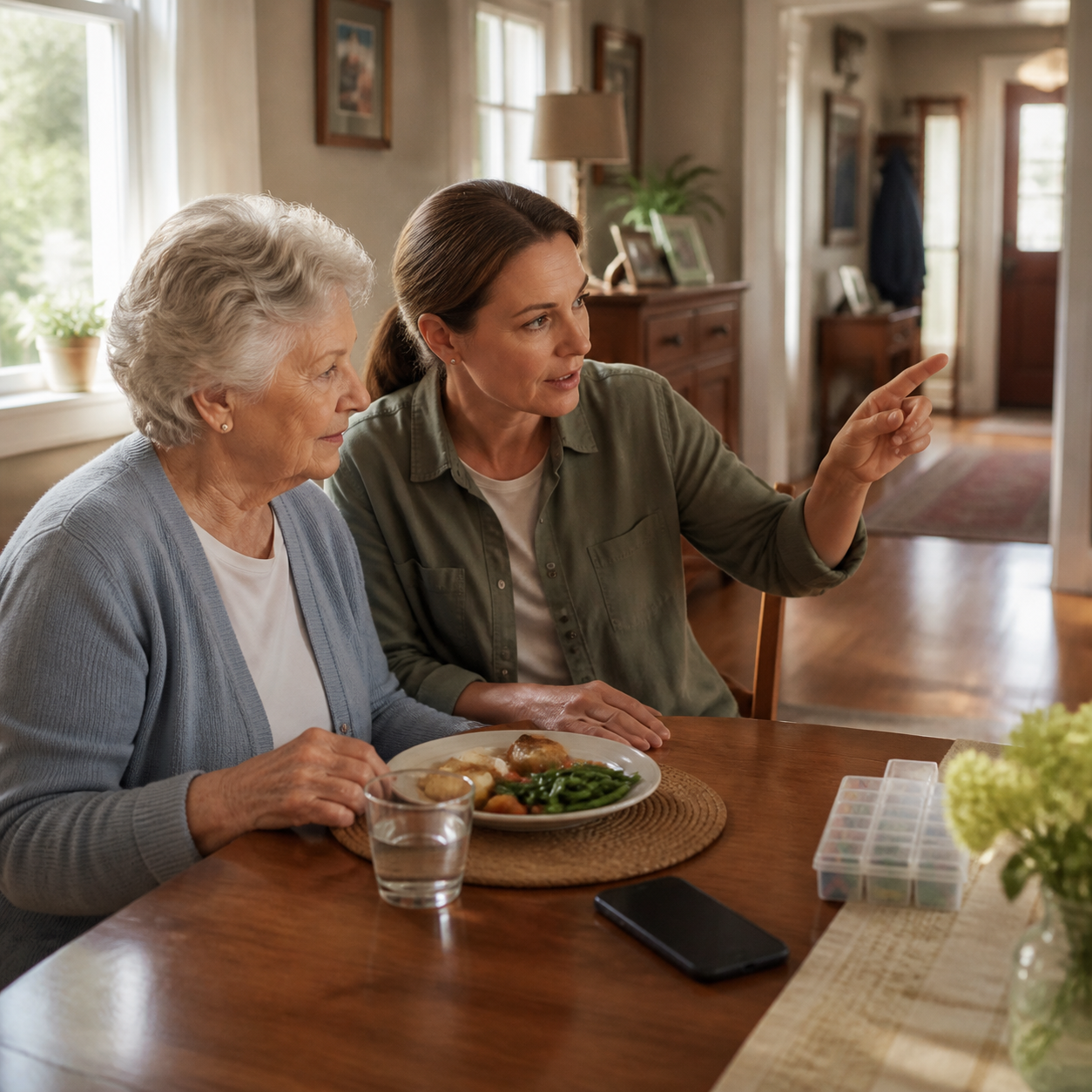 Older adult and caregiver reviewing meal locations, phone access, and a clear home emergency route at the dining table