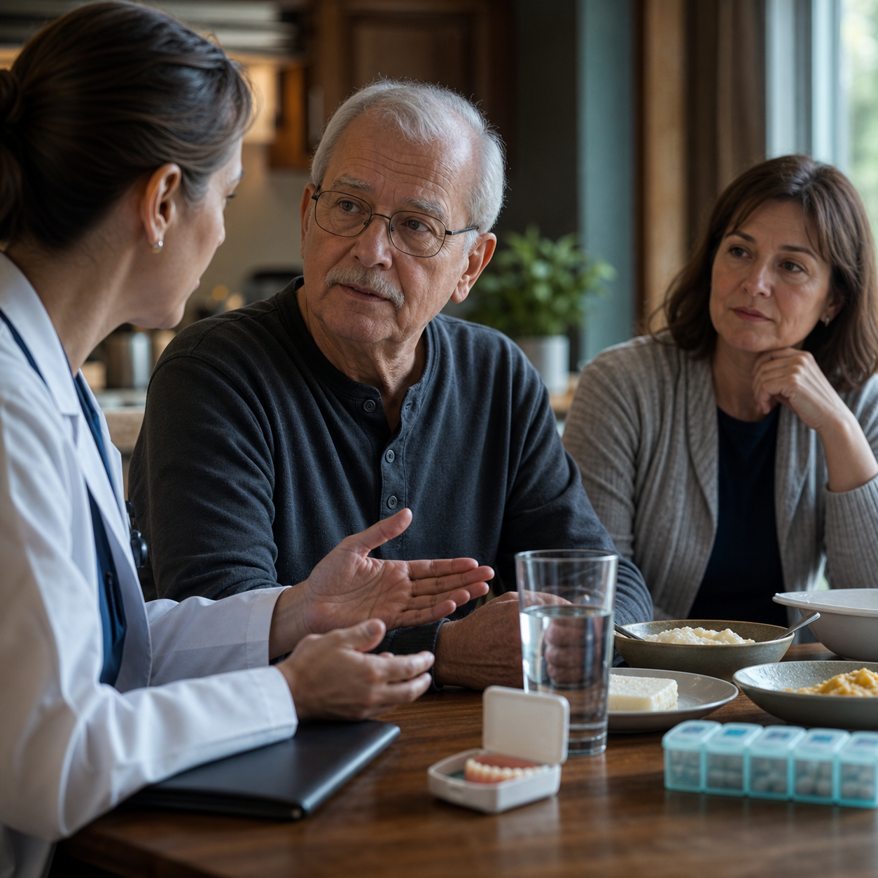 Older adult discussing recurring swallowing warning patterns with a clinician while a family caregiver listens