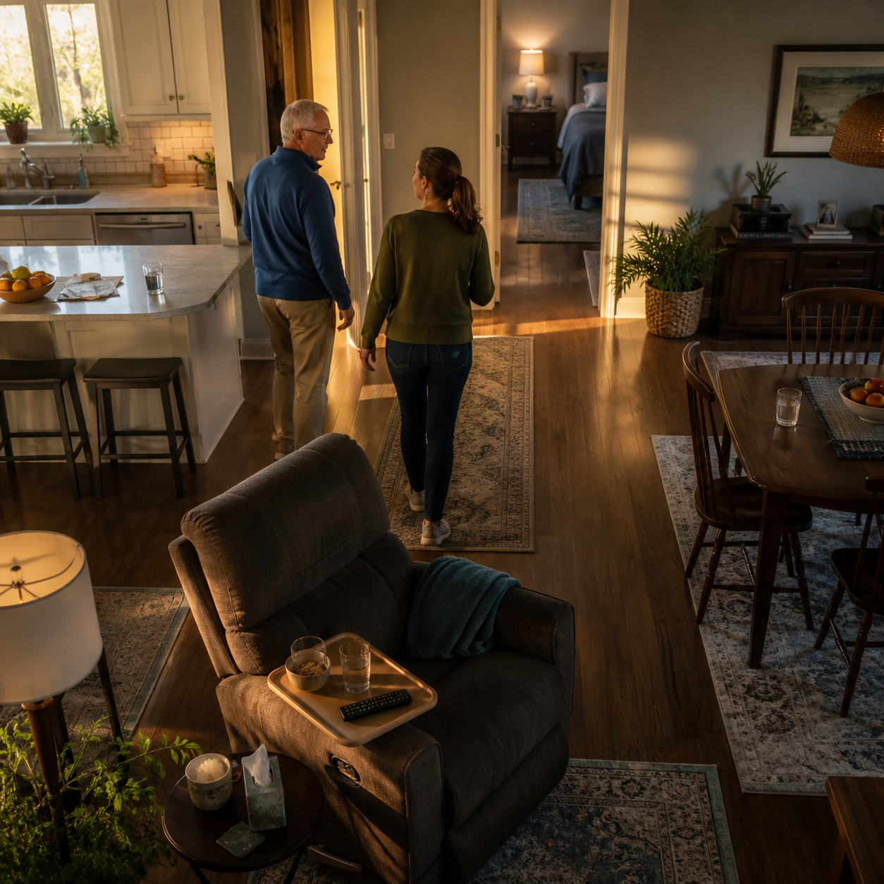 Family caregiver walking through real senior meal and medication locations from the recliner to the kitchen and bedside area