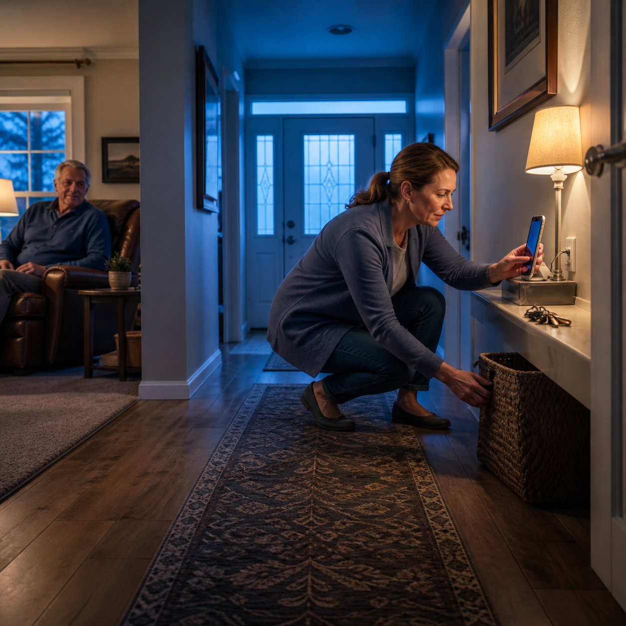 Caregiver reducing home response delays by moving a phone closer and clearing the entry path for emergency access