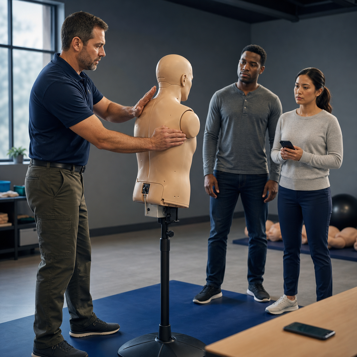 Adults practicing the current severe choking response sequence on a clearly artificial training mannequin with an instructor