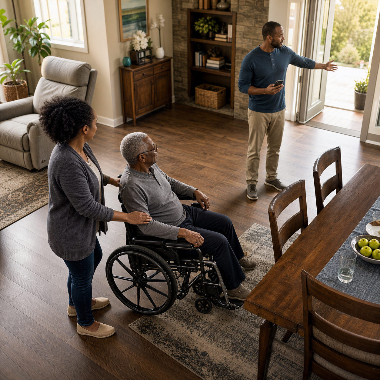 Older wheelchair user and two caregivers planning side access, clear floor space, phone duty, and front-door response roles