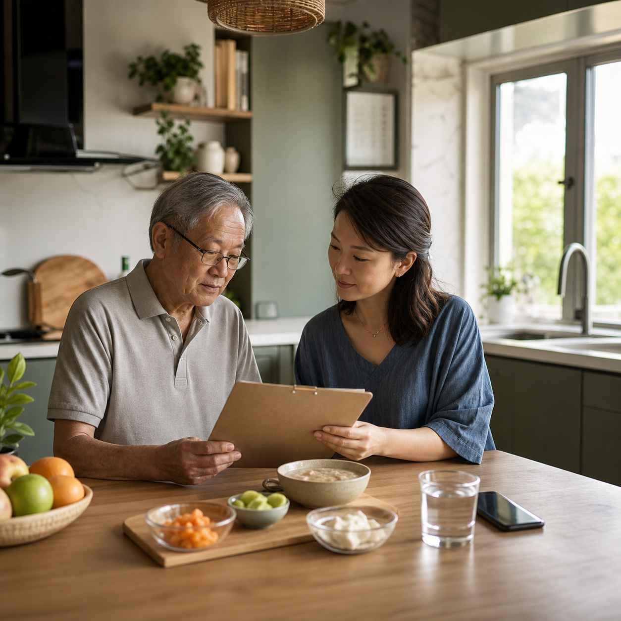 Older adult and family caregiver reviewing a senior home mealtime readiness checklist at the dining table
