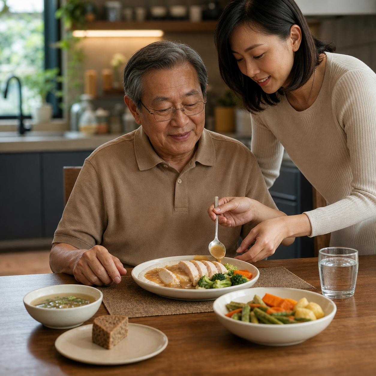 Caregiver adding sauce and moisture to an older adult's meal with water ready nearby