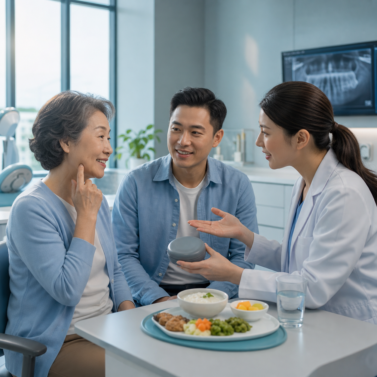 Older adult checking denture comfort while a caregiver prepares soft easy-to-manage food